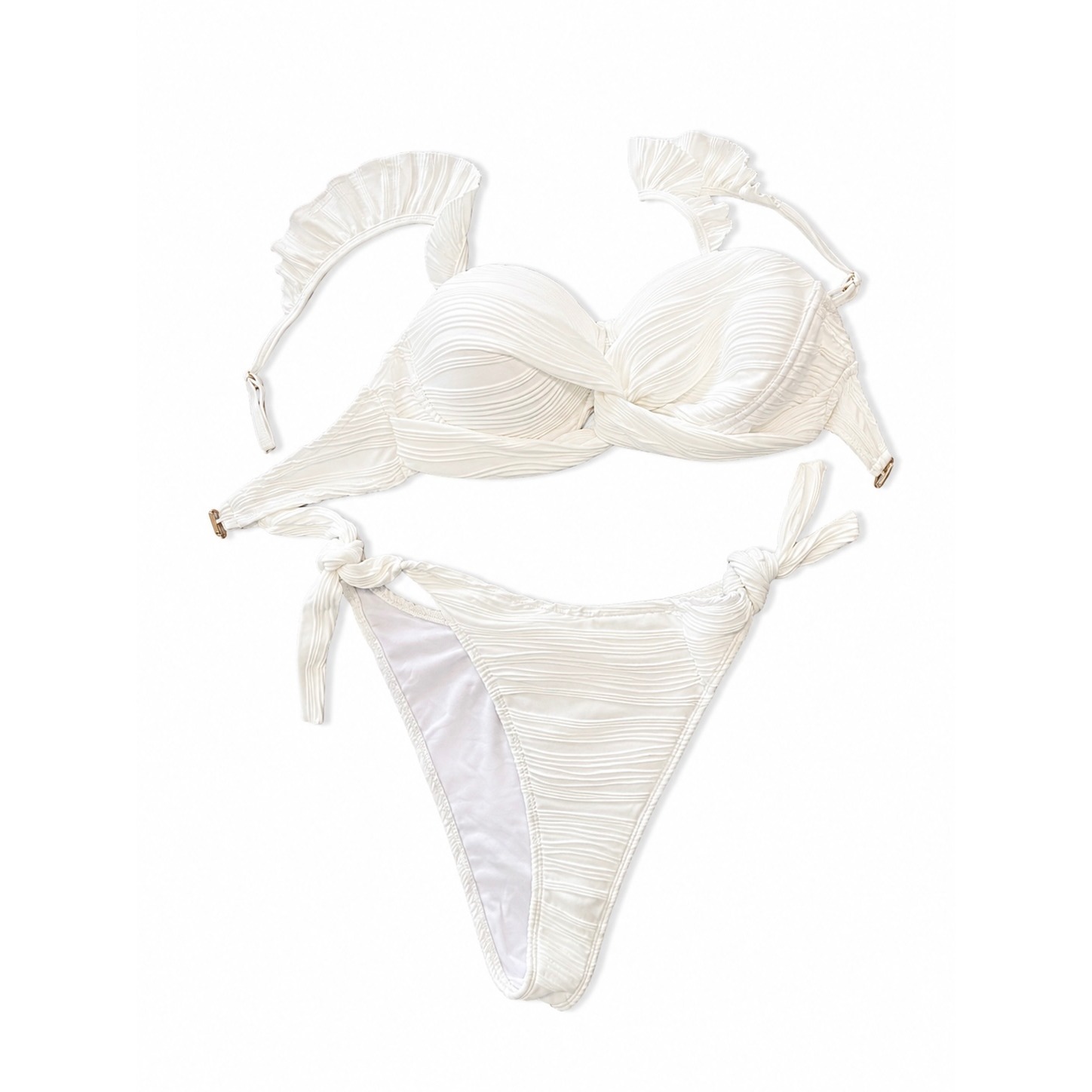 Cupshe White Textured Ruffle Bikini Set Xl Underwire Twist Front Side Tie Swim